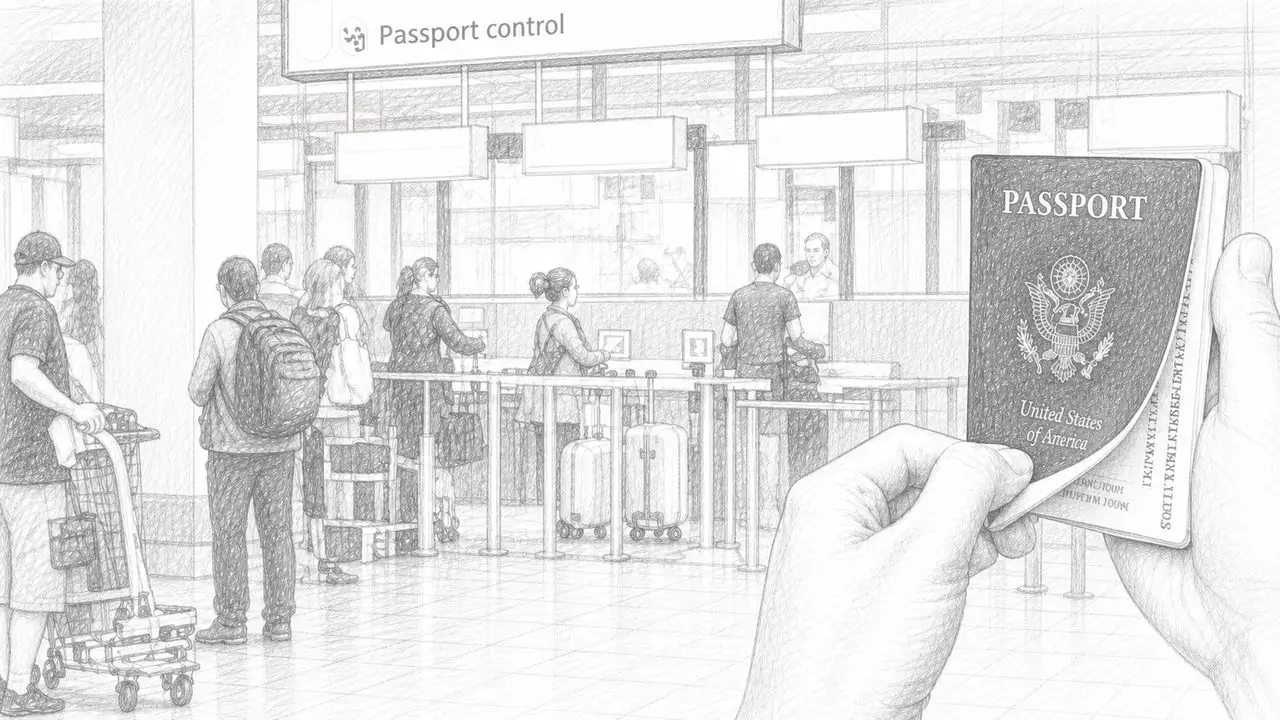 Travellers at an airport departure gate